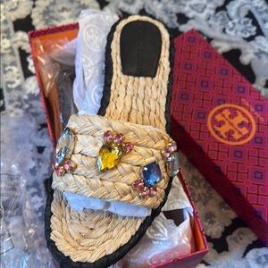 Tory Burch Tan Espadrille Slides with Gem Accents